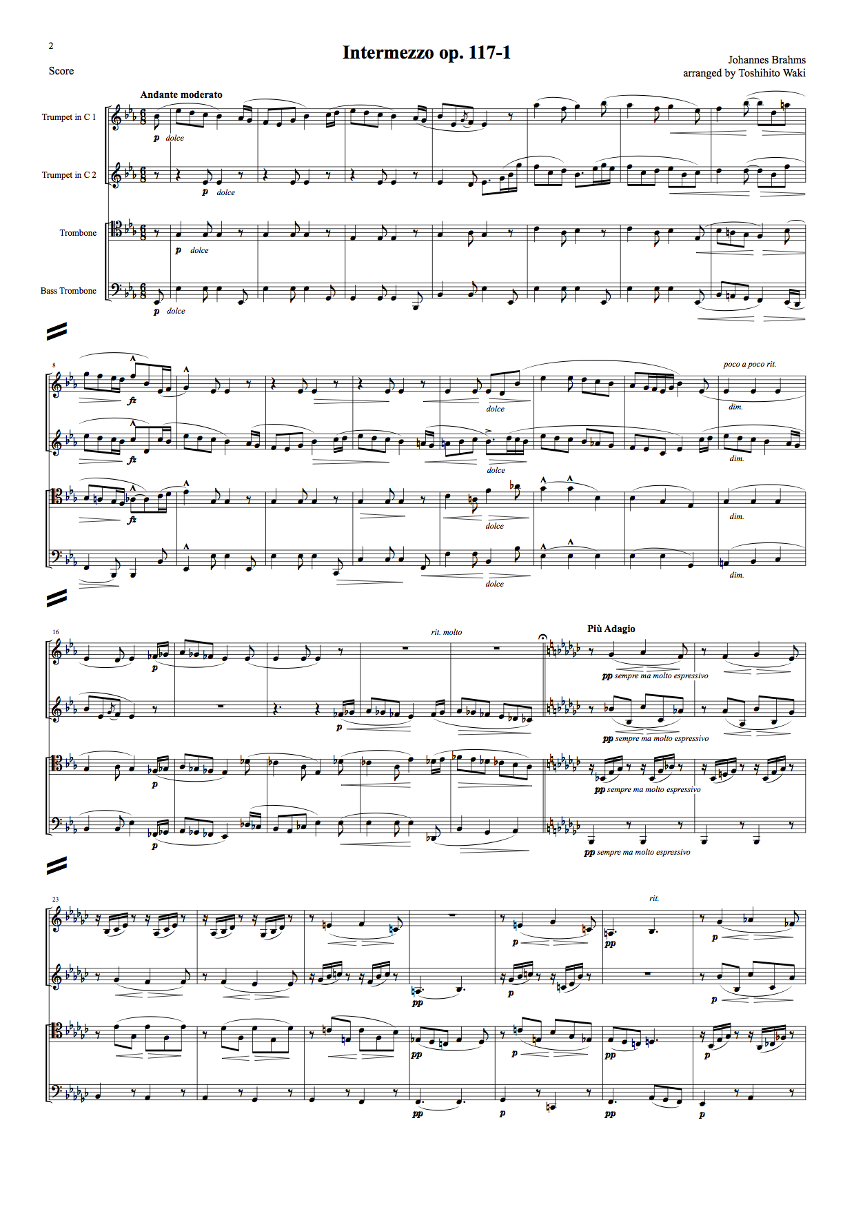 間奏曲 op.117-1 (ブラームス) 金管四重奏 | 金管アンサンブル楽譜 