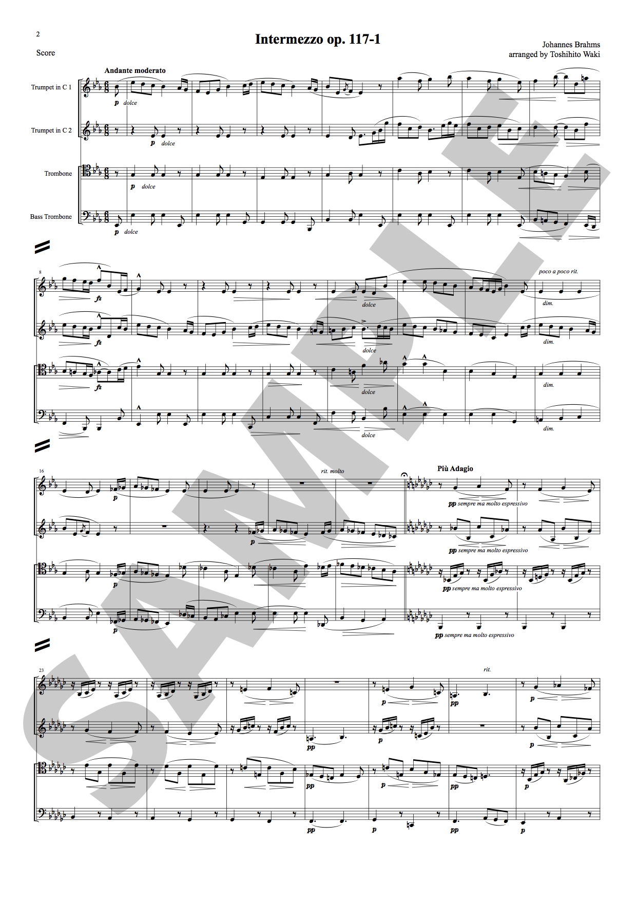 間奏曲 op.117-1 (ブラームス) 金管四重奏 | 金管アンサンブル楽譜 | NABEO Music Library